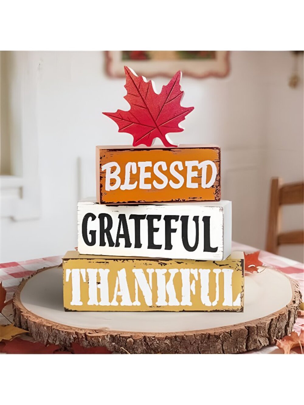 Thanksgiving Fall Decorations for Home, 4 PCS Wooden Fall Table Decor